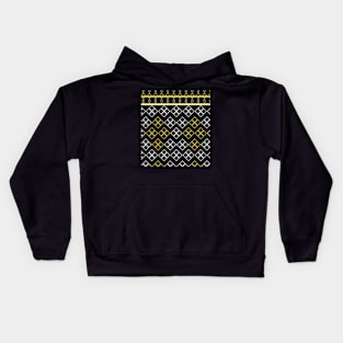 The black background fabric pattern is contrasted with white and yellow. Kids Hoodie